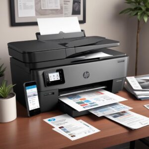 An illustration of a modern HP All-in-One printer with a sleek design, connected wirelessly to a smartphone. The smartphone screen shows the HP Smart App interface. In the background, there's a stack of neatly printed documents.