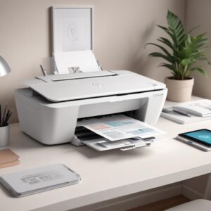 An illustration of a modern HP Deskjet All-in-One printer, white and sleek, placed on a tidy desk with a laptop and a smartphone. The printer is shown with light emitting from its output tray, symbolizing productivity and ease of use. The background is a bright, minimalist home office setting.