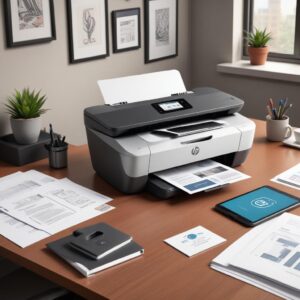 An illustration of a modern HP all-in-one printer in a home office setting, with a laptop, a smartphone, and various documents around it. The printer should look sleek and compact, emphasizing its multi-functionality (print, scan, copy).