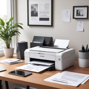 An illustration of a modern, sleek All In One Printer sitting on a clean desk, surrounded by a laptop, a smartphone, and a stack of documents, symbolizing its versatility and connectivity. The background is a bright, minimalist home office.