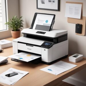 An illustration of a modern, sleek all-in-one printer on a minimalist desk, with documents being printed and a phone connected wirelessly. The printer has a small color touchscreen.