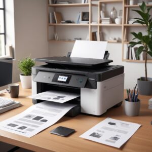 An illustration of a modern, sleek all-in-one printer in a home office setting, with a person using a laptop nearby and documents being printed. The printer is shown printing, scanning, and copying, highlighting its multifunctionality.