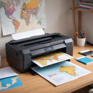 An illustration of a modern, sleek all-in-one inkjet printer with a colorful document being printed, placed on a tidy desk in a home office setting. The background shows a subtle map of Bangladesh.