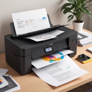 An illustration of a modern, sleek all-in-one printer on a minimalist desk, with various documents, a laptop, and a smartphone connected wirelessly. The printer is actively printing a colorful document.