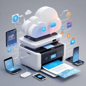 An illustration of a modern, smart All-in-One printer connected to various cloud services and smart devices (smartphone, tablet, laptop, voice assistant icon). Light rays connect the printer to the cloud and devices, symbolizing connectivity and future features. The printer itself looks futuristic with a large touchscreen.