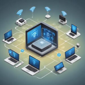 An illustration of a network diagram showing a Printer All In One Wireless Laser wirelessly connected to multiple devices (laptop, tablet, smartphone) via a Wi-Fi router, highlighting data security icons.