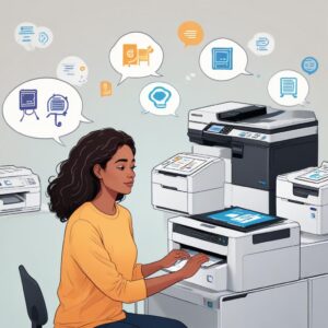 An illustration of a person confidently choosing between different printer models, with thought bubbles showing