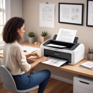 An illustration of a person happily using an all-in-one printer at a tidy home office desk, with documents being printed, scanned, and copied. The printer is modern and compact.