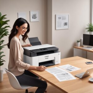 An illustration of a sleek, modern Canon All-in-One Laser Printer in a home office setting, with a person happily printing documents from a laptop. The printer is compact and stylish.