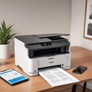 An illustration of a sleek, modern Canon All-in-One Laser Printer on a tidy desk in a home office setting. The printer has paper coming out, and a smartphone is wirelessly connected to it. The background is bright and clean.