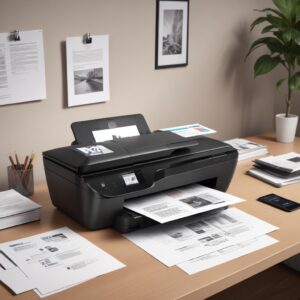 An illustration of a sleek, modern HP All-in-One Inkjet Printer sitting on a clean desk, surrounded by various printed documents, a laptop connected wirelessly, and a smartphone showing the HP Smart app. The printer should look compact and efficient, highlighting its multi-functionality.