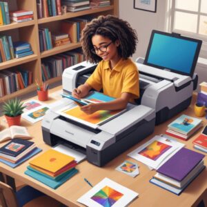 An illustration of a student happily printing a colorful school project using a compact inkjet All-In-One printer at home, surrounded by books and a laptop. The printer should look modern and user-friendly.