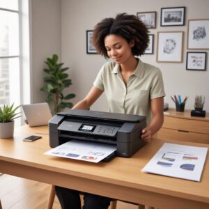 An illustration of the Brother All In One Printer J1010dw in a home office setup, showing a person easily printing documents from their laptop, with a clean and modern aesthetic.