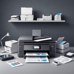 An illustration of various electronic gadgets (printer, scanner, copier) merging into one sleek, modern all-in-one printer, surrounded by a subtle aura of efficiency and saving space. The style should be friendly and slightly cartoonish.