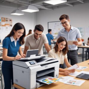 An illustration of various people (a student, an office worker, a photographer) happily using a high-quality all-in-one printer for different tasks like printing photos, scanning documents, and copying reports. The scene should convey productivity and satisfaction.