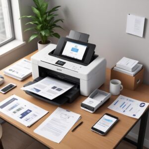 An illustration of various printer all-in-one models neatly arranged on a modern desk, with documents, a laptop, and a smartphone connected wirelessly. The overall impression is efficiency and convenience.