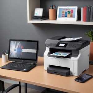 An illustration showing various connectivity options for a Colour Laser Printer All In One HP: a smartphone wirelessly sending a print command, a laptop connected via Wi-Fi, and a desktop PC connected via Ethernet, all pointing to the printer.