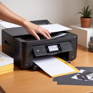 An illustrative image of a well-maintained Kodak All-in-One printer on a clean desk. The printer has a full set of ink cartridges visible (if possible), and a stack of fresh paper is next to it. A hand is gently wiping the printer's exterior with a microfiber cloth. The background is a tidy home office.