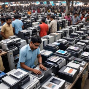 An image depicting a person browsing various printer models and prices on a laptop, with a backdrop of a bustling Bangladeshi electronics market.