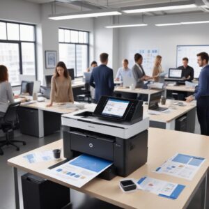 An image depicting a seamless workflow with a Konica Minolta all-in-one printer in the center. People are seen around it, some printing wirelessly from laptops, others scanning documents, illustrating efficiency and productivity in a modern office or home setting.