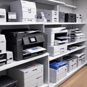 An image of various modern all-in-one printers from different brands (Epson, Canon, HP, Brother) arranged neatly on a shelf, showcasing a range of designs and sizes.