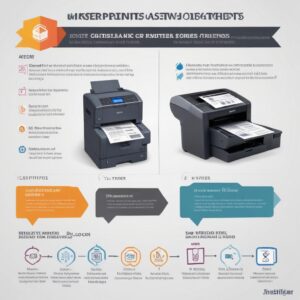 An infographic comparing key features of inkjet vs. laser printers, showing pros and cons for each (e.g., color quality, speed for black & white, cost per page, initial price). The design is clean with icons and easy-to-understand text.