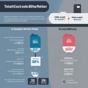 An infographic comparing the total cost of ownership for an inkjet printer using cartridges vs. an inkjet printer with an ink tank system over a 3-year period. It visually highlights that while the initial ink tank printer cost might be higher, the long-term ink cost is much lower.