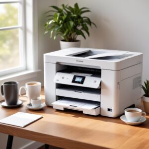 An inviting image of a modern, sleek white all-in-one printer sitting on a clean wooden desk, next to a laptop and a cup of coffee. The printer is compact and has a small digital display showing