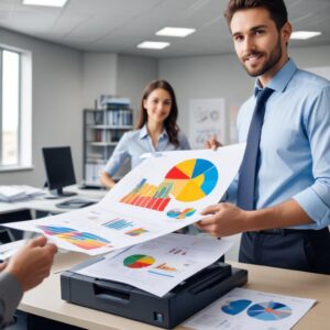 An office worker confidently presenting a set of vivid color printed documents (charts, graphs, photos) that came from a Printer All In One Laser Color, emphasizing the professional quality and impact of the output.