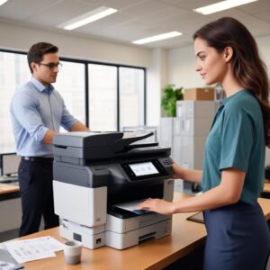 An office worker confidently printing a stack of documents from the HP Printer Officejet Pro 9125e All In One, with other colleagues productively working in the background, highlighting efficiency and productivity.