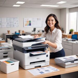 An office worker happily printing documents and scanning files simultaneously using a single All-In-One Printer, surrounded by organized office supplies, symbolizing efficiency.