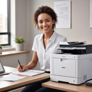 An office worker happily printing documents wirelessly from their laptop to a Wifi All-In-One Laser Printer located across the room, with a satisfied expression, highlighting convenience and productivity.