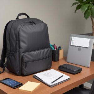 An open backpack with a HP Officejet 250 Mobile All-in-One printer neatly tucked inside, alongside a laptop, smartphone, and a small notepad, indicating portability and readiness for travel or remote work.