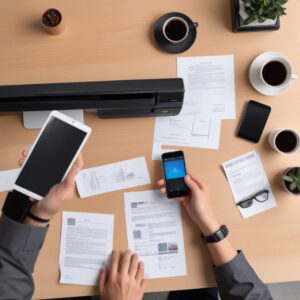 An overhead shot of a clean desk with a person's hand holding a smartphone, a document being printed from a laser printer in the background, and a cup of coffee. The overall scene conveys efficiency and modern work.