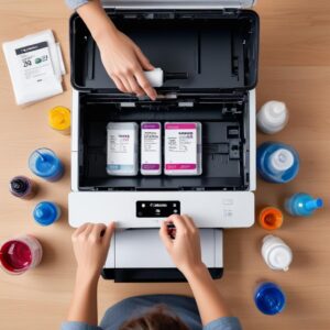 An overhead shot of a person easily refilling the ink tanks of the Canon G7020 All In One Printer with colorful ink bottles. The process looks clean and mess-free.
