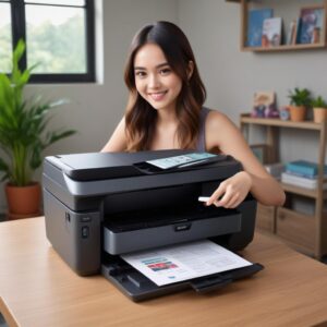 Berbagai aktivitas penggunaan Printer All In One HP Smart Tank 580: seseorang sedang memindai dokumen penting, seorang mahasiswa mencetak tugas, dan sebuah keluarga mencetak foto liburan, semua menunjukkan kemudahan dan kepraktisan.