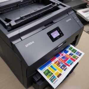 Berbagai dokumen dan foto berwarna yang baru dicetak rapi di samping printer Epson, menunjukkan kualitas cetak yang baik meskipun dari printer ekonomis.