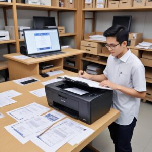 Berbagai dokumen kertas dan laptop di meja kerja yang rapi, dengan printer All-in-One di samping, menunjukkan efisiensi dan produktivitas.