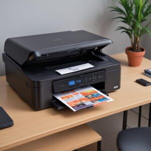 Berbagai model printer Epson dan Canon berjejer rapi di atas rak, dengan tag harga dan deskripsi singkat tentang keunggulannya masing-masing. Suasana toko elektronik modern.
