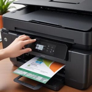 Close-up dari HP Officejet 150 Mobile All-in-One sedang mencetak kertas, dengan layar sentuh kecil yang menampilkan status, dikelilingi oleh dokumen dan pulpen.