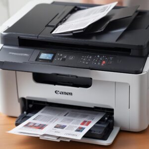 Close-up dari layar sentuh intuitif pada sebuah Canon Printer All In One Laserjet, menampilkan ikon-ikon fungsi seperti print, scan, copy. Tangan seseorang sedang menyentuh layar.