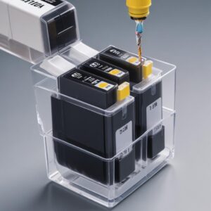 Close-up illustration comparing an inkjet cartridge and an ink tank system. One side shows small, expensive-looking cartridges, while the other shows large transparent ink tanks being refilled from bottles.