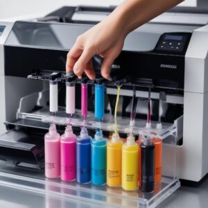 Close-up image of a person refilling an ink tank printer. Show clear, colorful ink bottles being poured into the printer's transparent ink reservoirs, emphasizing the ease and clean process of ink tank systems.