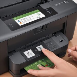 Close-up of a Hp Officejet 250 All In One Mobile Printer's control panel and touchscreen, showing an active print job or battery status, emphasizing ease of use.