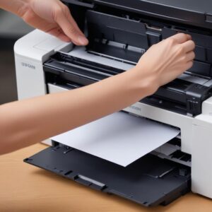 Close-up of a hand carefully removing a paper jam from an Epson XP 3200 All In One Printer Zwart, showing the internal mechanism and the gentle pulling motion.