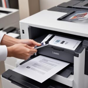 Close-up of a hand holding a smartphone, connected via Wi-Fi to a modern desktop printer, with a document being printed from the phone's screen. The printer is sleek and white, perhaps an HP Smart Tank.