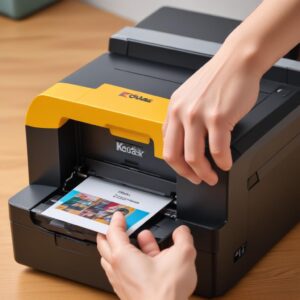 Close-up of a hand inserting a Kodak Photo Printer All In One Cartridge into a photo printer, highlighting the ease of installation. The cartridge box is visible in the background.