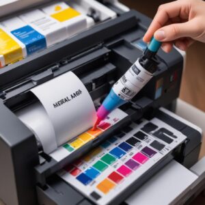 Close-up of a hand refilling a printer's ink tank with a bottle of colorful ink, demonstrating the economic advantage of ink tank printers. There are various photo papers scattered around the printer.