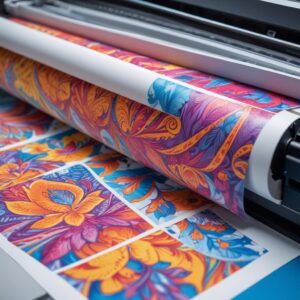 Close-up of a high-quality inkjet printer printing a vibrant, detailed graphic design on specialty paper. The colors are rich and accurate, showing the importance of color fidelity for graphic designers.