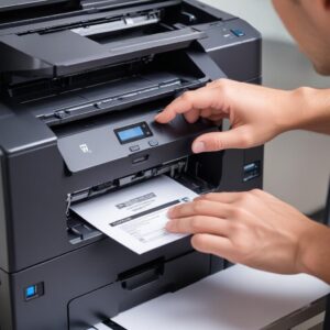 Close-up of a toner cartridge being installed into a Printer All In One Wireless Laser, with hands gently guiding it. Focus on the cleanliness and precision of the process.